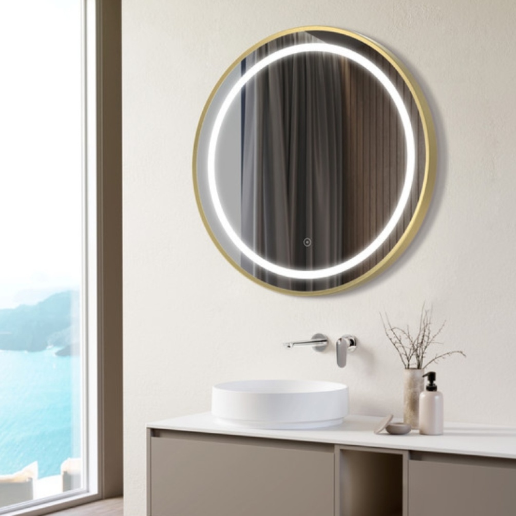 Product Lifestyle image of the Apex Brushed Brass 600mm Round LED Mirror